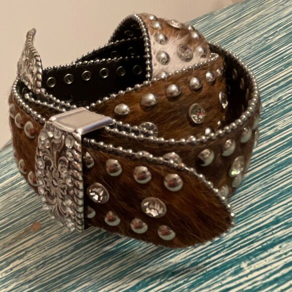 Nocona Women’s Leather/Calf Hair Rhinestone/Studs Western/Cowgirl Belt Size - Picture 8 of 14